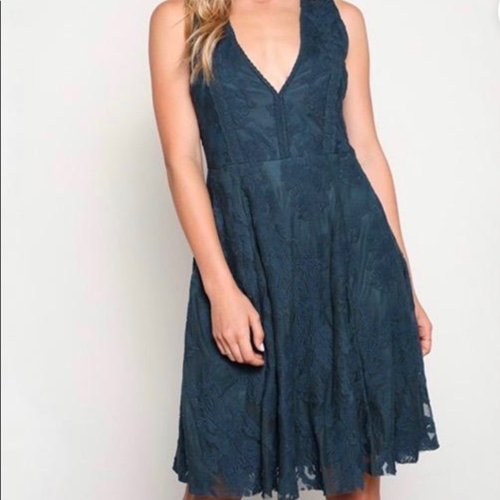 Teal Sleeveless Lace Dress